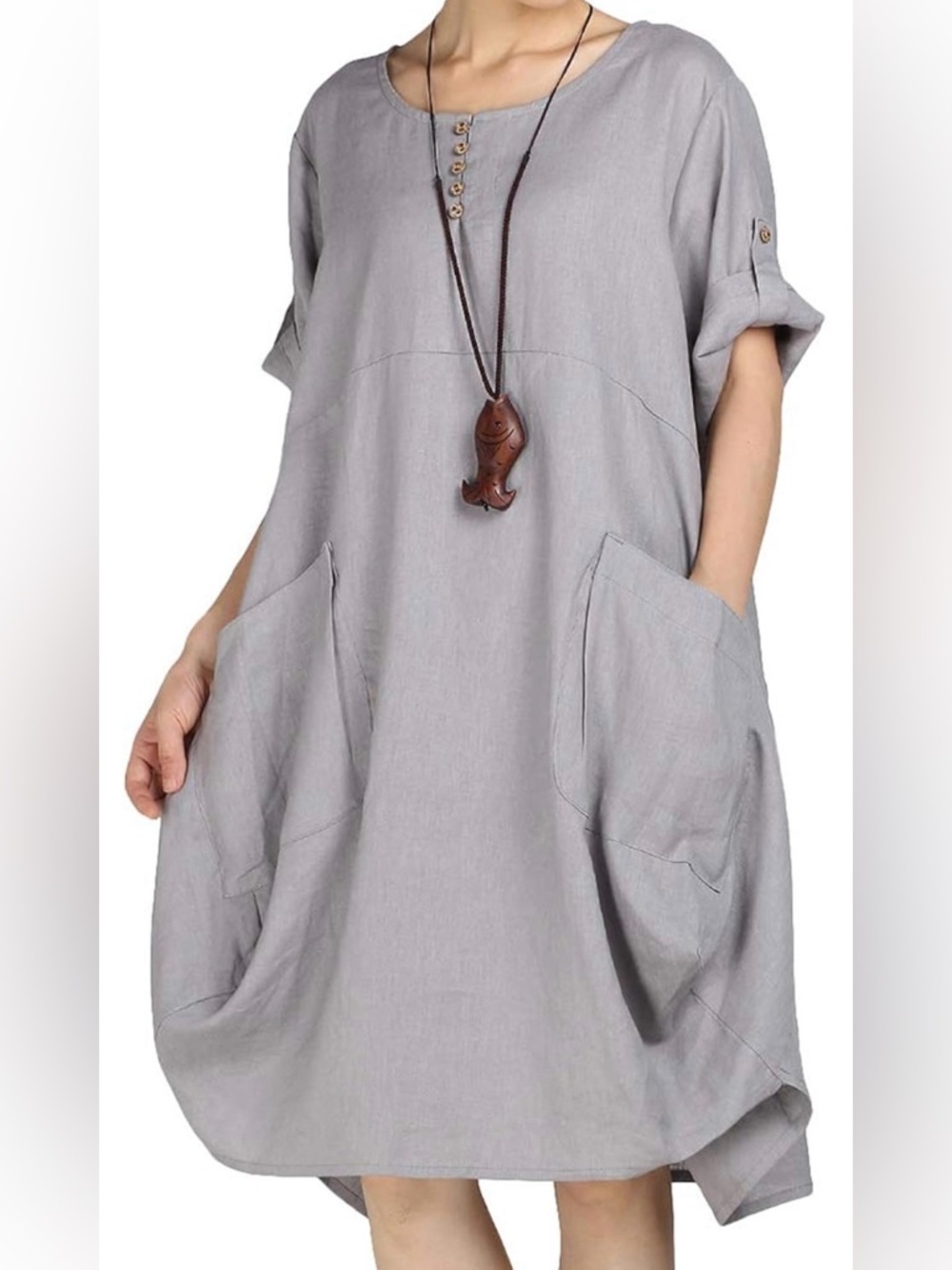 Relaxed Pocket Linen Tunic Top - Light Gray